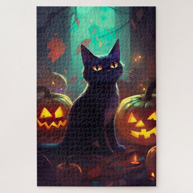 Puzzle Gato de Halloween Tuxedo con calabazas aterradoras (Vertical)