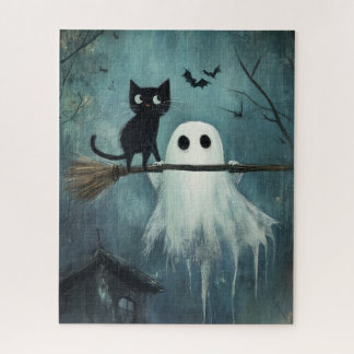 Puzzle Gato de Halloween y fantasma vuelan en la sala