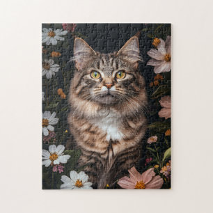 Puzzle Gato de Maine Coon rodeado de flores