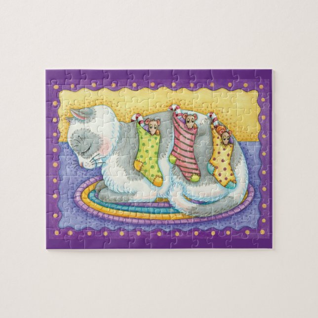Puzzle Gato de Navidad lindo durmiendo con ratones en cal (Horizontal)