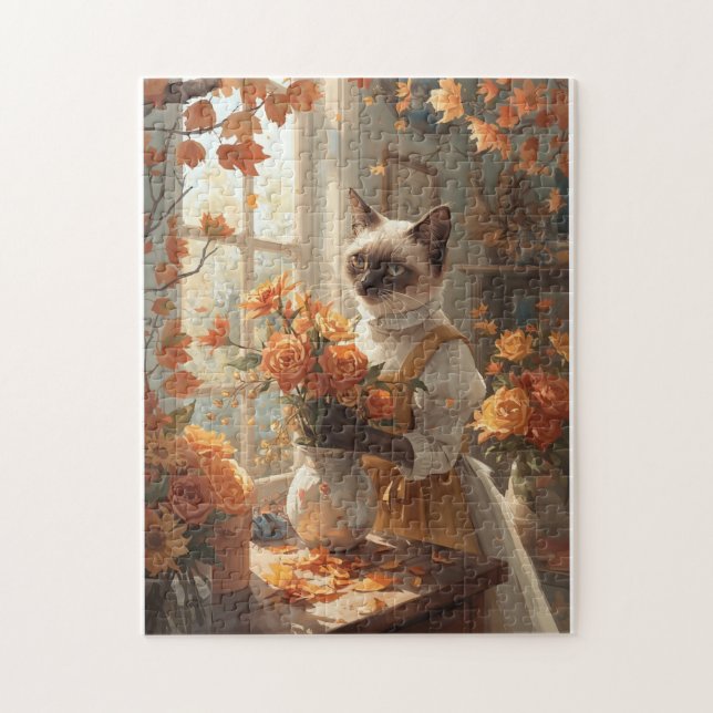 Puzzle Gato de otoño con flores para Acción de Gracias (Vertical)