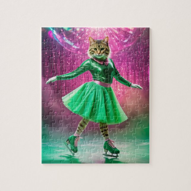 Puzzle Gato de patinaje sobre hielo adorable en verde (Vertical)