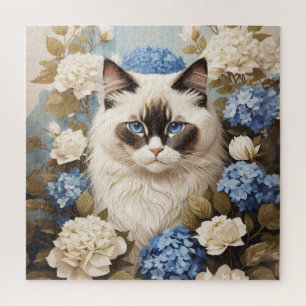 Puzzle Gato De Ragdoll Con Flores De Hidrangea Azul