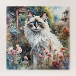 Puzzle Gato de Ragdoll en un jardín inglés