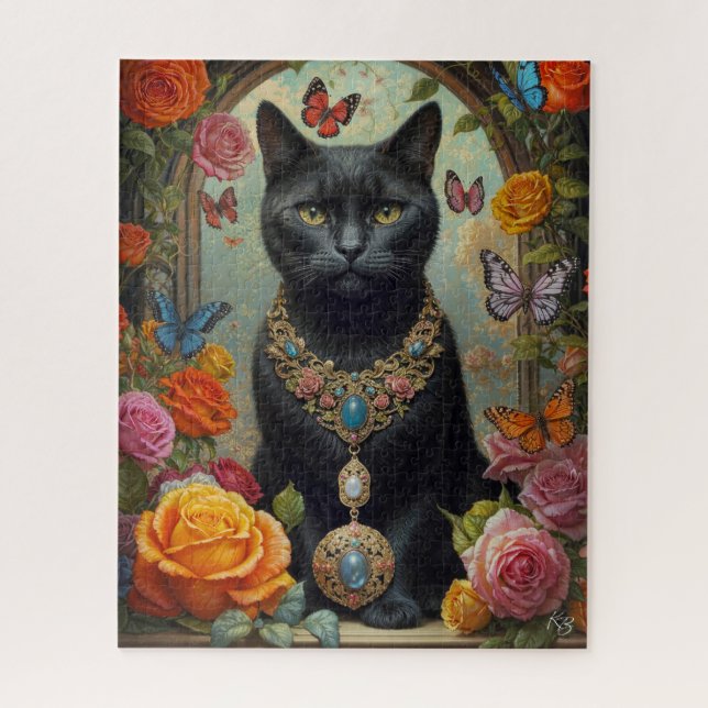 Puzzle Gato de Shorthair negro con joyas y mariposa (Vertical)