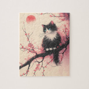 Puzzle Gato de Tuxedo en estética japonesa florece cerezo
