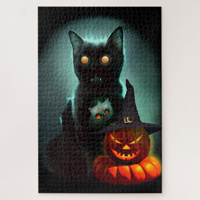 Puzzle Gato de vampiros y mago calabaza Halloween Surreal (Vertical)