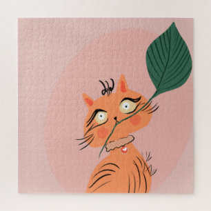 Puzzle  Gato Divertido Hoja de Planta Dibujo Animado   