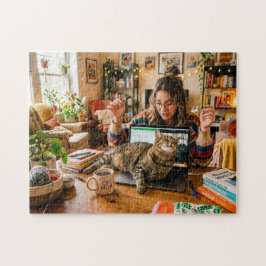 Puzzle Gato duerme en portátil durante reunión