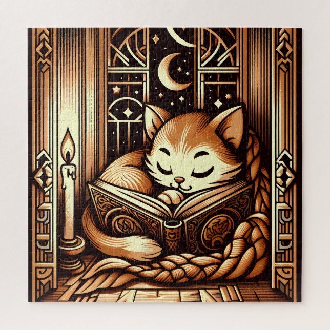 Puzzle Gato durmiendo al estilo Art Déco con un libro (Vertical)