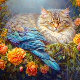 Puzzle Gato durmiendo con plumas azules anidando en Rosas