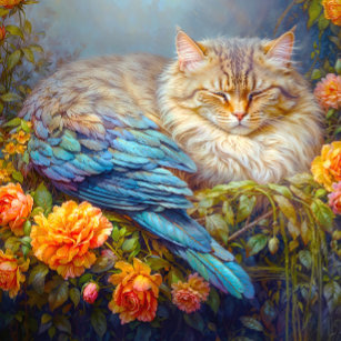 Puzzle Gato durmiendo con plumas azules anidando en Rosas