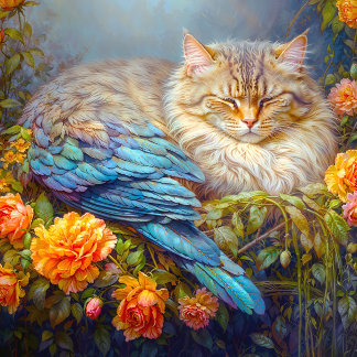 Puzzle Gato durmiendo con plumas azules anidando en Rosas