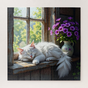 Puzzle Gato durmiendo en el alféizar Flores púrpuras