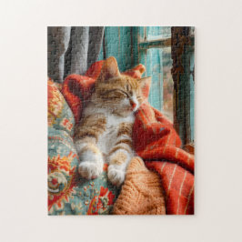 Puzzle Gato durmiendo junto a la ventana con almohada y m