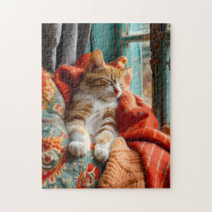 Puzzle Gato durmiendo junto a la ventana con almohada y m