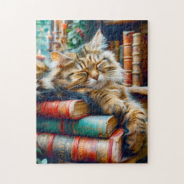 Puzzle Gato durmiendo sobre una pila de libros