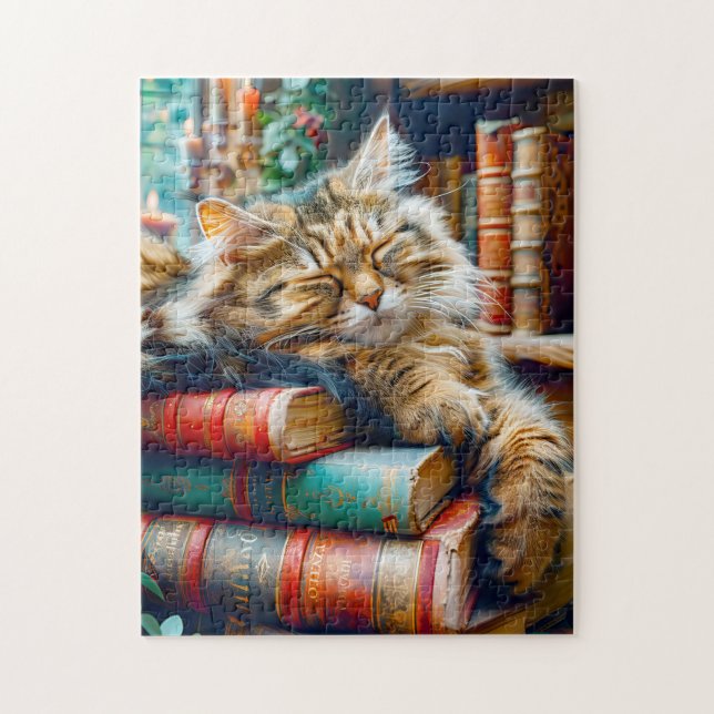 Puzzle Gato durmiendo sobre una pila de libros (Vertical)