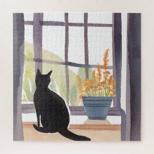 Puzzle Gato en alféizar Silueta Acuarela