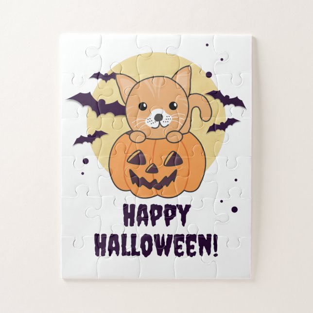 Puzzle Gato En Calabaza Gatos Dulces Feliz Halloween Jigs (Vertical)