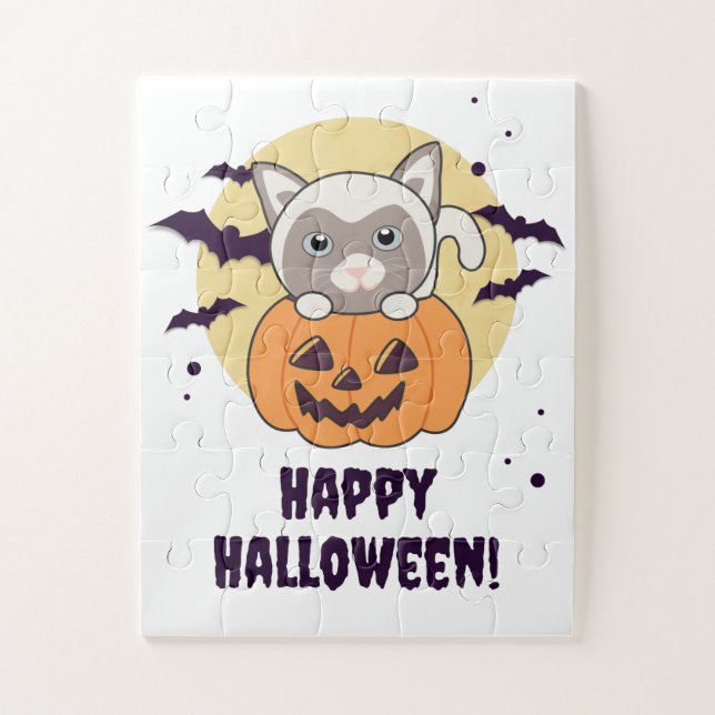 Puzzle Gato En Calabaza Gatos Dulces Feliz Halloween Jigs (Vertical)