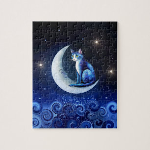 Puzzle Gato en la luna creciente azul gato 773