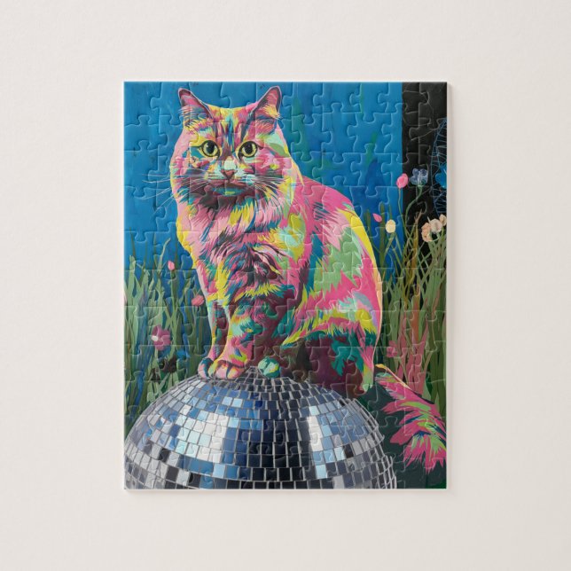 Puzzle gato en una bola de discoteca (Vertical)