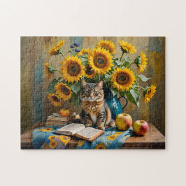Puzzle Gato encantador con ramo de girasoles