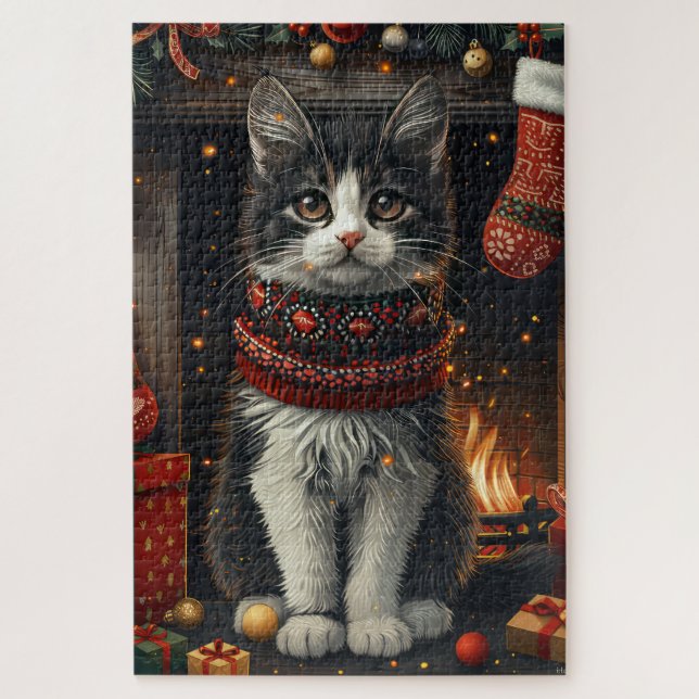 Puzzle Gato Esmoquin con Regalos de Navidad Chimenea (Vertical)