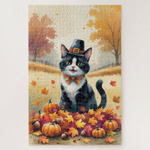 Puzzle Gato esmoquin entre hojas de otoño Arte de Acción 