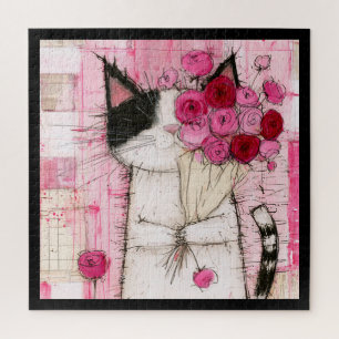 Puzzle Gato esmoquin sosteniendo ramo de rosas rosadas