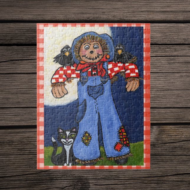 Puzzle Gato Espantapájaros de Arte Popular Adorable Cuerv (Cute scarecrow plain shirt overalls with cat and crows big moon plaid border jigsaw puzzle.)