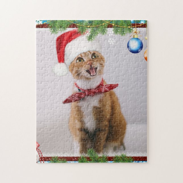 Puzzle Gato feliz en gorra de navidades rojos (Vertical)
