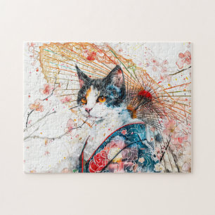 Puzzle Gato Geisha Calico con Paraguas Rojo en Tinta Chin