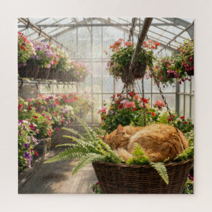 Puzzle Gato Gingiber Dormitando en Cesta de Helechos Colg