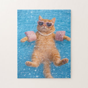 Puzzle Gato Glamuroso junto a la Piscina Flotando con Est