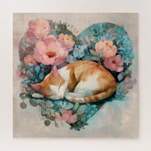 Gato Gordo Soñoliento Floral Acuarela