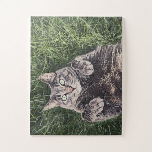 Puzzle gato gris acostado en la hierba arte digital Puzzl