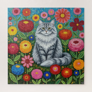 Puzzle Gato Gris Atigrado Esponjoso con Flores de Arte Po
