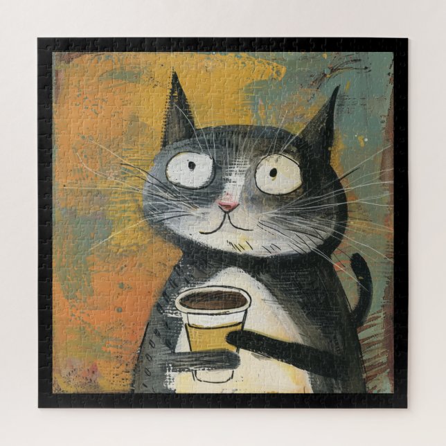 Puzzle Gato Gris con Café sobre Ocre (Vertical)
