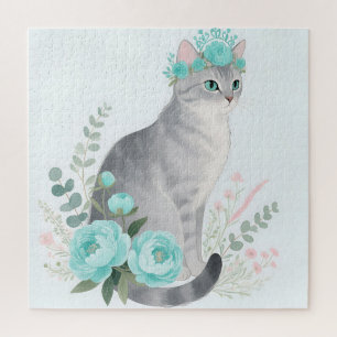 Puzzle Gato Gris Corona Floral