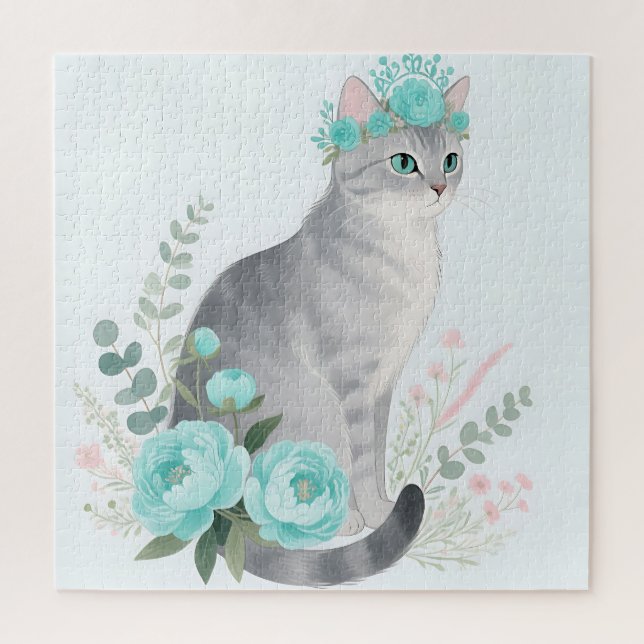 Puzzle Gato Gris Corona Floral (Vertical)