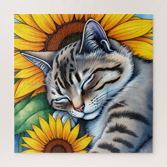 Puzzle Gato Gris Dulce Durmiendo y Girasoles (Vertical)