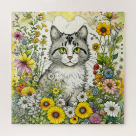 Puzzle Gato Gris gitano sentado en flores