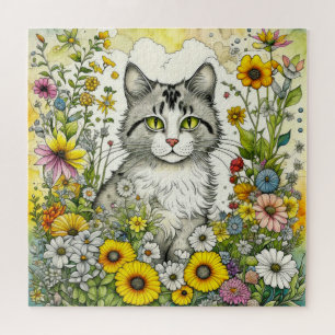Puzzle Gato Gris gitano sentado en flores