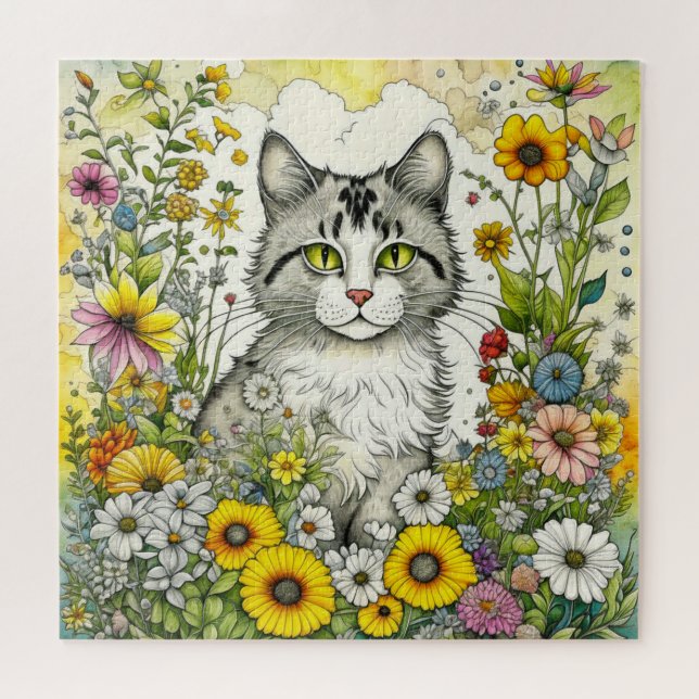 Puzzle Gato Gris gitano sentado en flores (Horizontal)