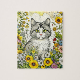 Puzzle Gato Gris gitano sentado en flores