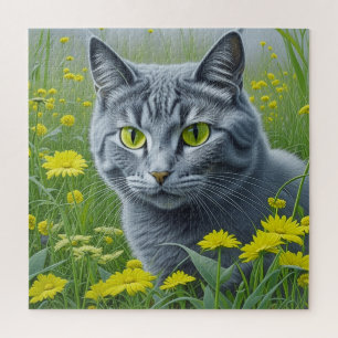 Puzzle Gato Gris Lindo con Ojos Amarillos Arte de IA