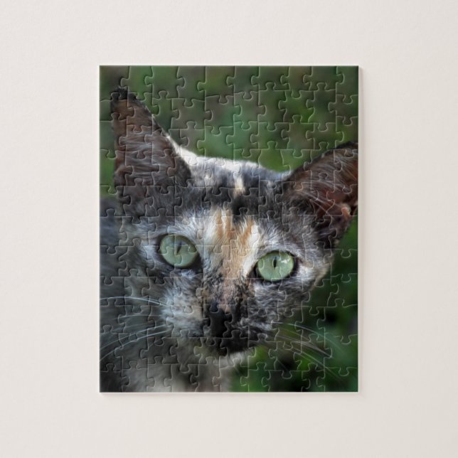 Puzzle Gato gris marrón blanco con ojos verdes (Vertical)