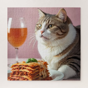 Puzzle Gato gris puro con lasagna y vidrio de vino